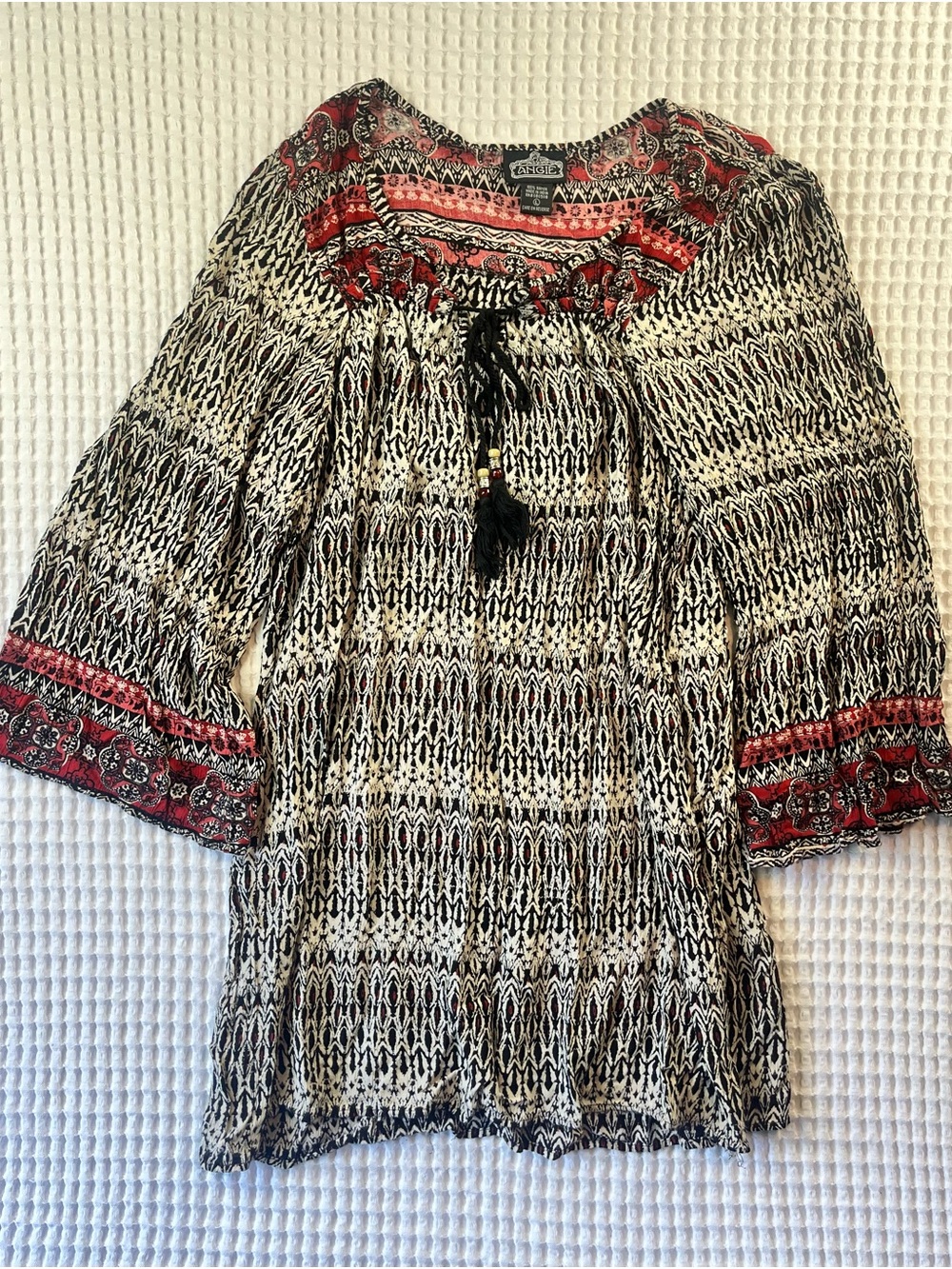 Angie Boho Peasant Tunic Top Size Large Black Cream Red Tassel